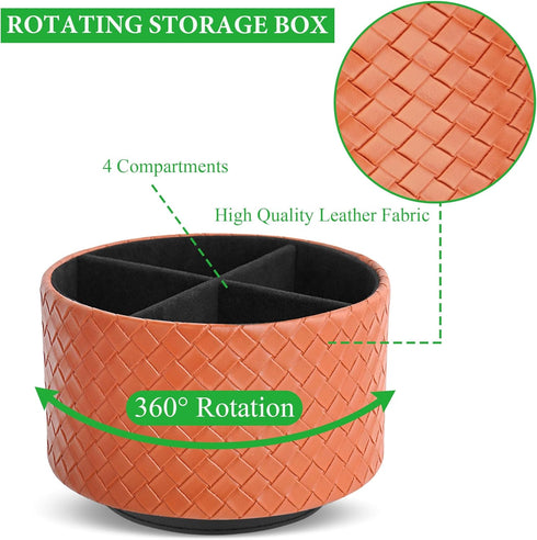 Hennaja Round Leather Art Supply Organizer, Remote Control Holder, 360 Degree Spinning, 4 Compartments