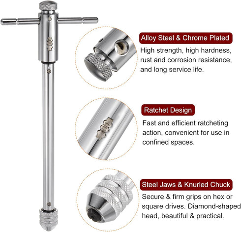 T-Handle Ratchet Tap Wrench + Metric Tap Set, 7pcs M3 M4 M5 M6 M8 M10 M12 Thread Taps