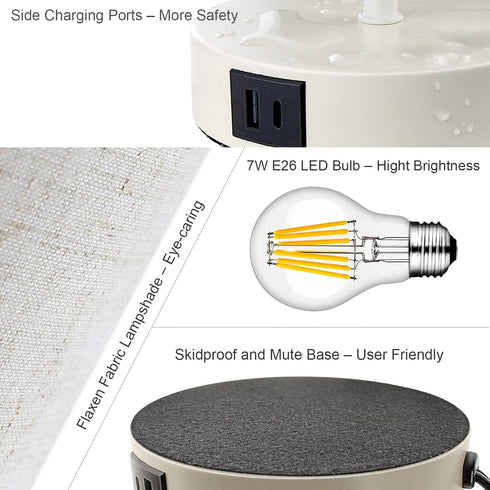 15.75''H 3-Way Dimmable 2 E26 Bulb Table Lamp Touch Control, Small Bedside Lamps with USB Ports & AC Outlet, Nightstand