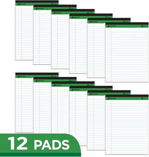 KAISA Legal Pads Writing Pads, Recycled Paper, 8.5"x11.75" Wide Ruled, 50 Sheets, Pack of 12 Pads, KSU-5293