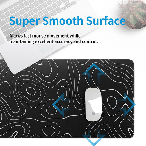 Large Topographic Map Gaming Mouse Pad for Desk, Black Desk Pad with Non-Slip Rubber Base, Desk Decor
