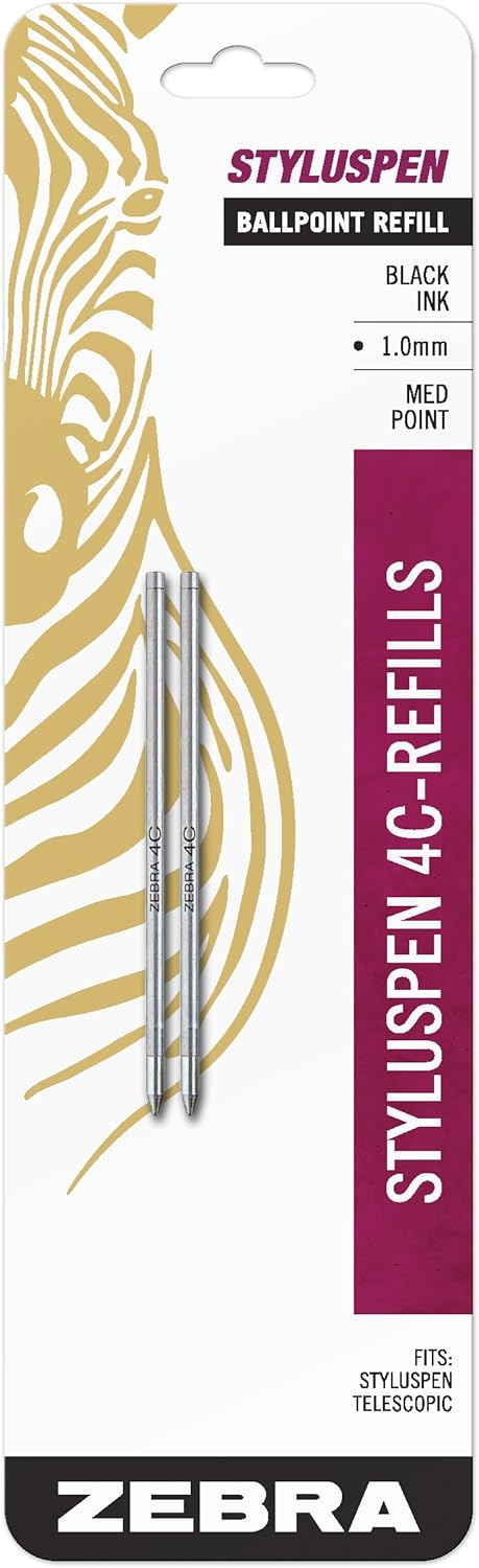 Zebra Pen StylusPen Telescopic Ballpoint 4C Refill, Medium Point, 1.0mm, Black Ink, 2-Count