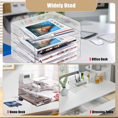 Clear Stackable Paper Trays 4 Pack, Desktop Racks with File Bags for Books, Magazines, and A4 Size Paper