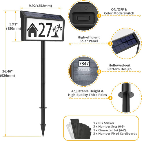 3-Color MAXvolador Solar Powered Address Sign House Numbers Waterproof, Lighting Modes LED Illuminated Address Plaque
