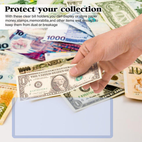 Rainmae 50 Pack Hard Plastic Clear Money Holder - 6.8" x 2.9" PVC Transparent Bill Money Top-Load Sleeves Display