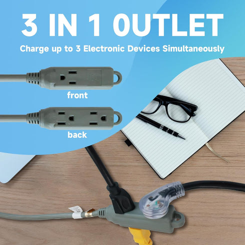 1 Ft Flat Plug Extension Cord, 16 AWG 3 Prong Grounded Low Profile Extension Cable, 3 Outlet Extension Wire Grey
