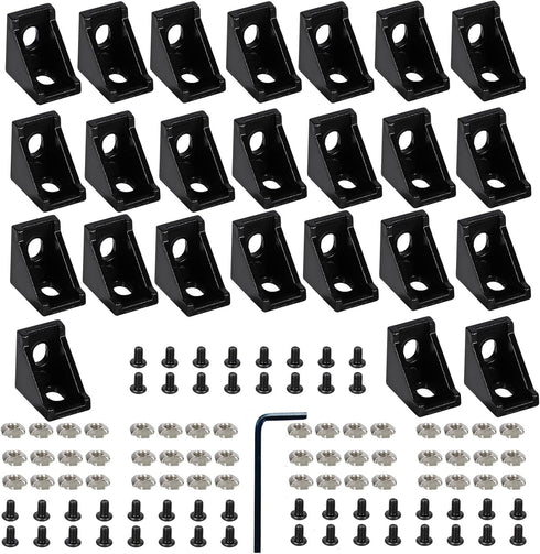 24 Set Black 2020 Series Aluminum Extrusion Profile Connector Set, Includes 24pcs Corner Brackets and 48pcs T-Slot Nuts