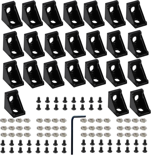 24 Set Black 2020 Series Aluminum Extrusion Profile Connector Set, Includes 24pcs Corner Brackets and 48pcs T-Slot Nuts