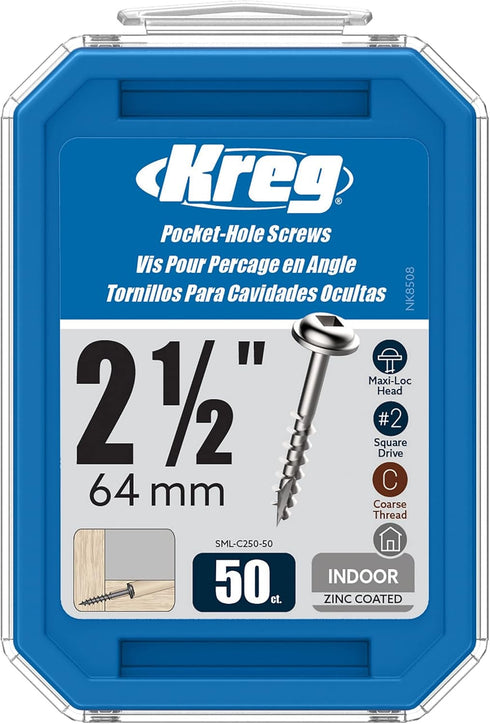 Kreg SML-C250-50 Zinc Pocket-Hole Screws, 2 1/2 Inch, 8 Coarse Thread, Maxi-Loc Head (50 Count)