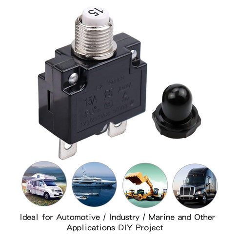 15 Amps Push Button Circuit Breakers, Thermal Overload Protector, 125/250V AC, 50V DC, 2 Pcs, Waterproof Button