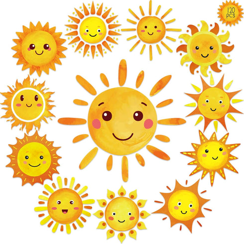 gisgfim 120 Pcs Sun Cutouts 12 Designs Bulletin Board Decorations for Happy Sunshine Spring Summer Party Supplies