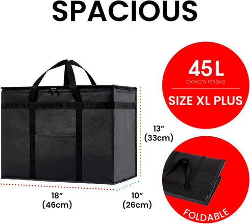 (4 Pack, NZ home Insulated Bags for Food Delivery (XL Plus) Grocery Shopping Cooler Bag, Pizza Delivery, Hot & Cold