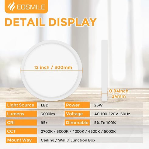 2Pack 12 Inch 25W, 3000LM, 95+, 2700K-5000K 5CCT Dimmable, LED Flush Mount Ceiling Light, CRI & White Round Surface