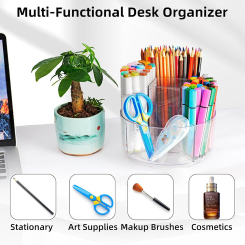 Pencil Holder for Desk - 360-Degree Rotating Pen Marker Crayon Organizer, Spinning Acrylic Storage, 5 Slots Large