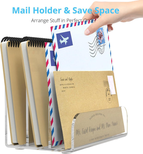 Mail Organizer Countertop, 3 Section Clear Acrylic Small File Holders for Desk, Modern Document Accessories
