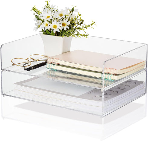 Yulejo 2 Pcs Acrylic Desk Organizers, Tier Paper File Organizer Tray, Stackable Clear Desk Accessories