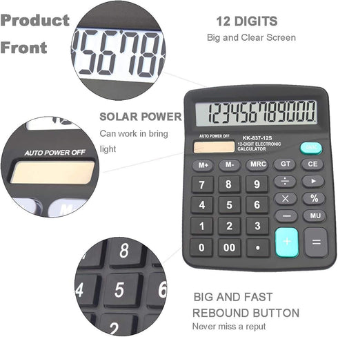 BESTWYA 12-Digit Dual Power Handheld Desktop Calculator, Large LCD Display, Pack of 10 (Black)