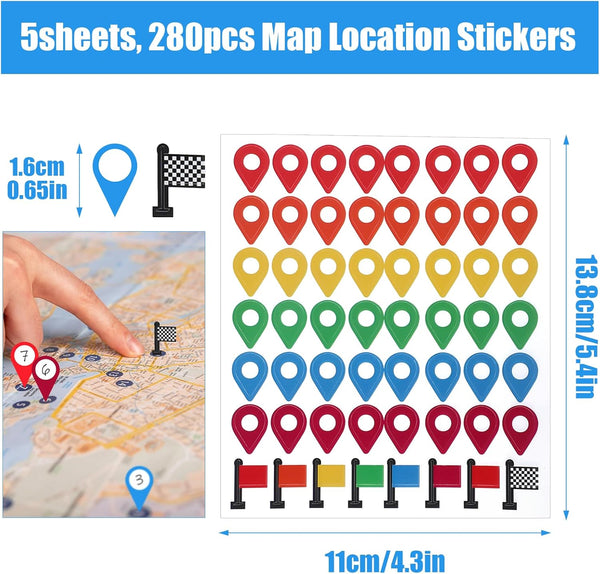 Shimmeroo 280Pcs Map Location Position Stickers, Self Adhesive Map Markers Indicator Labels Colorful