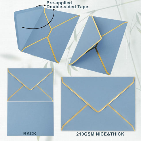 Whaline 50Pcs A7 Invitation Envelopes with Gold Border Dusty Blue Greeting Card Envelopes for Mailing (7.3x5.3 Inch)