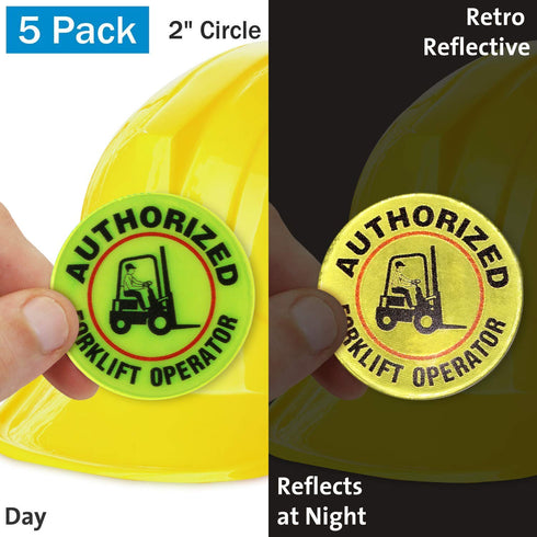 SmartSign Pack of 5 Hard Hat Labels “Authorized Fork Lift Operator” | Retro-Reflective, 2" Circle