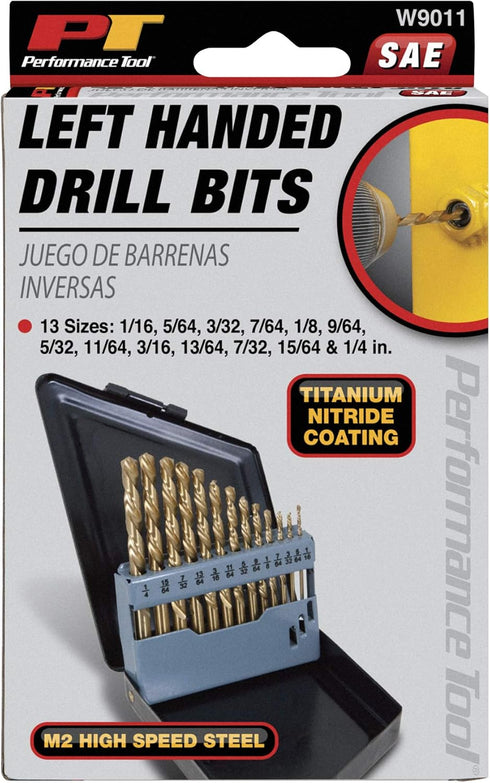 Performance Tool W9011 | 13pc Left Hand Drill Bit Set with Titanium Nitride Coating SAE (1/16-Inch - 1/4-Inch)