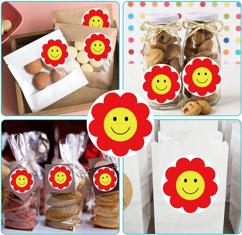 Yellow Face Stickers 2 Inch Red Flower Happy Face Sticker, 500 Round Happy Labels for Teacher Rewards