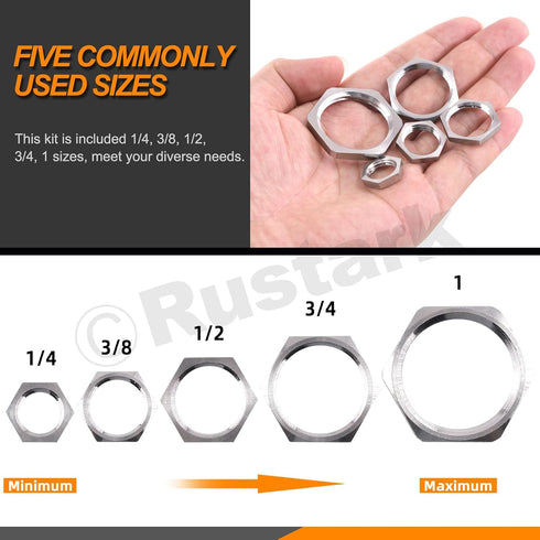 10Pcs 304 Stainless Steel Hex Female Thread Locknut Assortment Kit, 1/4 to 1 Inch NPT Hex Locknuts for Plumbing