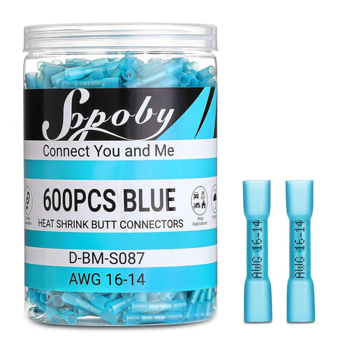 Sopoby 600PCS Heat Shrink Butt Connectors Blue 16-14 AWG, Waterproof Electrical Connectors for Marine, Boat