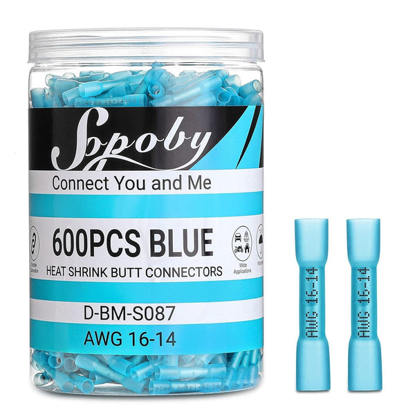 Sopoby 600PCS Heat Shrink Butt Connectors Blue 16-14 AWG, Waterproof Electrical Connectors for Marine, Boat