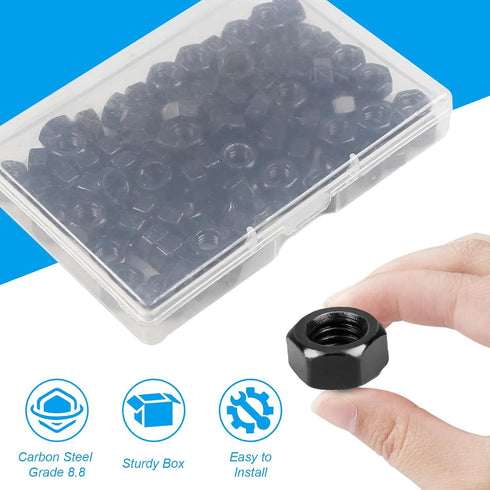 Yinpecly 200pcs M3-0.5 8.8, M3x0.5mm M3 Hex Nut, Carbon Steel Grade Black Oxide, Hex Drive, Metric Hexagon Hex Nut