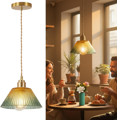 YJQHXY E26 4.72" 6.56 Amber-Green Stained Glass Cone Pendant Light, Fluted Shade, Brass Socket with Ceramic Core, US