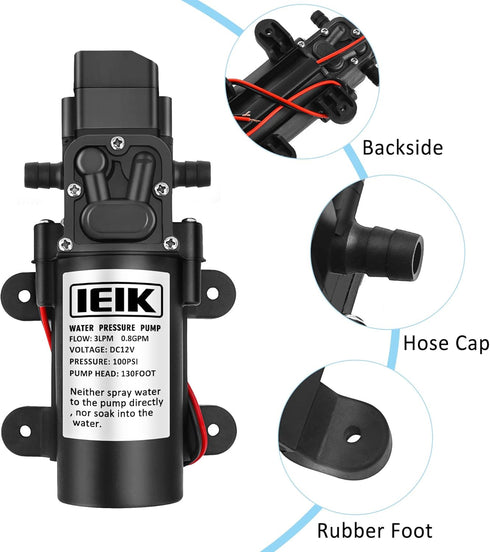 12 Volt Diaphragm Pump, 3LPM 0.8 GPM 100PSI Self Priming Sprayer for RV, Marine, Lawn Use