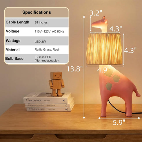 13.7 Inch LED Giraffe Table Lamp, Resin Animal Desk Lamp with Handcrafted Raffia Shade, Unique Decorative Light, Cute