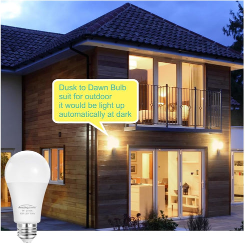 Dusk to Dawn E26 LED Bulbs, 9W (60W Equivalent), 825LM, 2700K Soft White, Auto On/Off, 4-Pack for Outdoor Lighting
