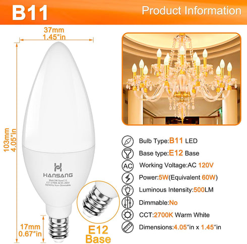 Bulbs 2700K E12 60w B11 Bulbs Bulbs 500LM CRI85 120V Non-Dimmable 8 Pack hansang LED Ceililng Fan Light Warm White