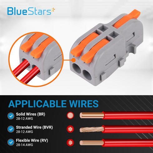 BlueStars 20 Pcs 250V 32A Compact Splicing Lever Wire Connector, 1-In-2-Out Orange Push-in Butt Terminal Connectors