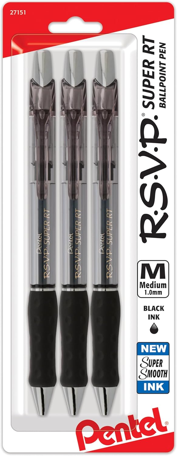 Pentel RSVP Super RT Ballpoint Pen, Medium Line (1.0mm) Black Ink, 3-Pk - BX480BP3A