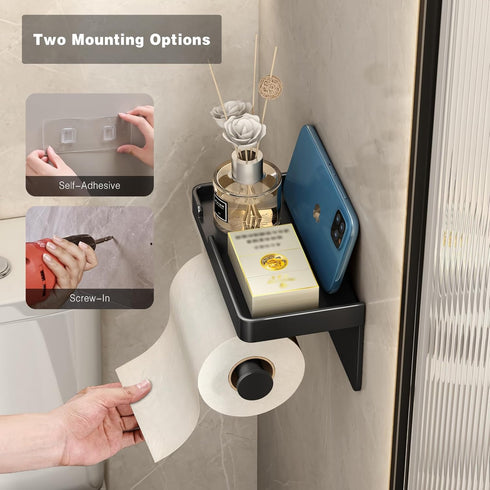 VOLDRA Toilet Paper Holder with Phone Shelf, Self-Adhesive or Screw-in Toilet Tissue Roll Holder Wall Mount, Rustproof