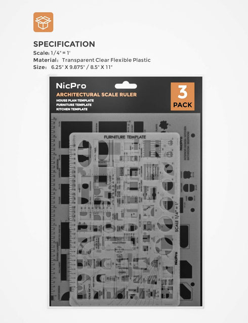 Nicpro Architectural Drafting Tools, 3 PCS Templates for House Plan Furniture, Interior Design CAD Drawing