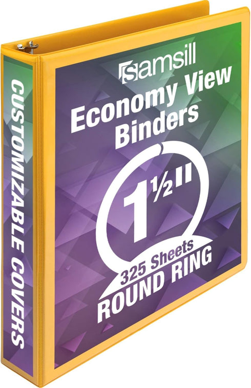 Samsill Economy Yellow Binder, 1.5 Inch Round Ring, Customizable Clear View Cover, 3 Ring Organizer
