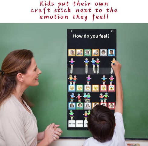 Emotions Feelings Pocket Chart, Express Your Feelings Classroom Chart with 24 Cards for Preschool Teacher, Daycare Decor, Social Emotional Learning Activities, Calm Down Corner Supplies (Black)
