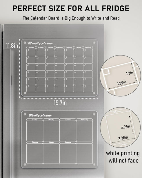 Nicpro 2 PCS Magnetic Acrylic Calendar for Fridge, Clear Dry Erase Board with 12 Color Markers & Pen Holder