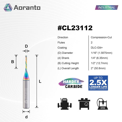 CL23112 1/16" 1/4" 1/16" 1/2" Up&Down Compression Spiral CNC Router Bits Shank, Industrial Quality Extra Long Life
