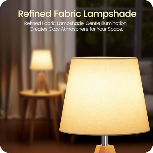 W51TL05 Small Tripod Table Lamp, Modern Nightstand Lamp with Fabric Shade, Boho Bedside Wood Desk Light for Bedroom