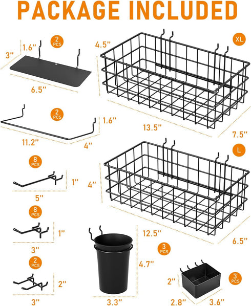INCLY 30PCS Peg Board Organizer Accessories Kit, Assortment with Bins, Cups, Wire Baskets for 1/8“ and 1/4” Pegboard