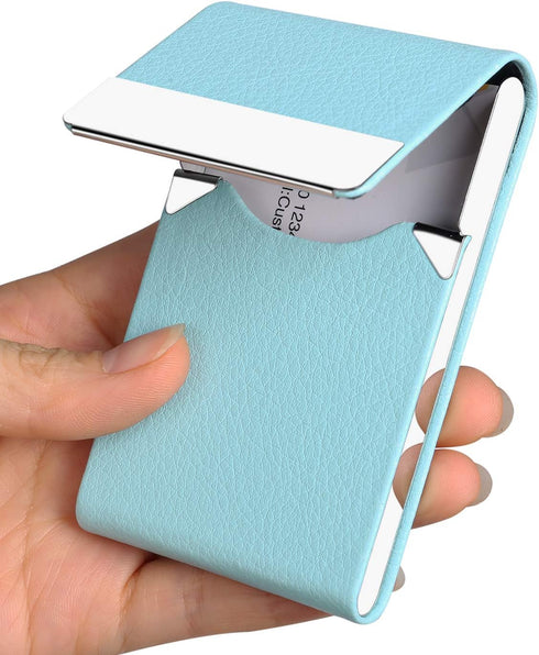JuneLsy Professional Business Card Holder Case, PU Leather Metal Name Card Holder for Men & Women (Light Blue)