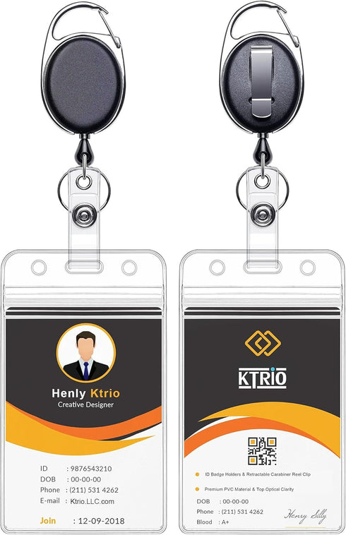KTRIO ID Badge Holders with Metal Clip and Keyring - Vertical Clear Plastic ID Card Holders, 2 Pack