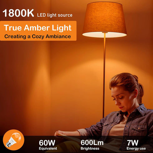 Bulbs, A15 1800K E26 600Lm, 60W Bulbs 4-Pack YukiHalu LED Amber Orange Light Equivalent Soft Warm Sleep Light