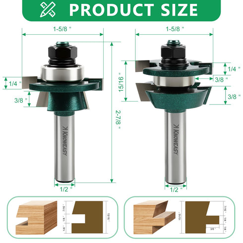 Set 1/2 Inch Knoweasy Shaker Style Rail and Stile Router Bit with Shank, Professional Carbide Tongue and Groove Cutters