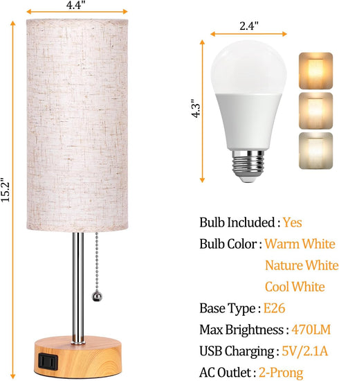 3-Color Bulb Dott Arts Table Lamp for Bedroom, Bedside Lamps with Pull Chain, Bedroom Table Lamps for Nightstand,AC